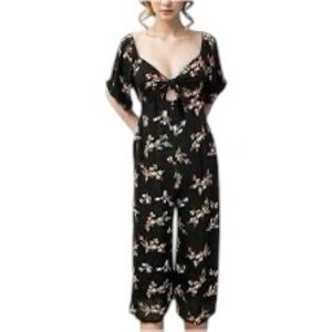 Angie Black Floral Puff Sleeve Tie Front Cropped Jumpsuit With Pockets Size M